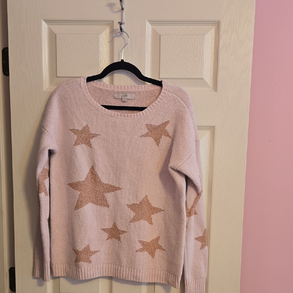 LOFT Pink Star Pattern Crew Neck Sweaterβ